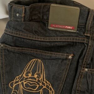 FUBU Men's Dark Jeans with Gold Stitching